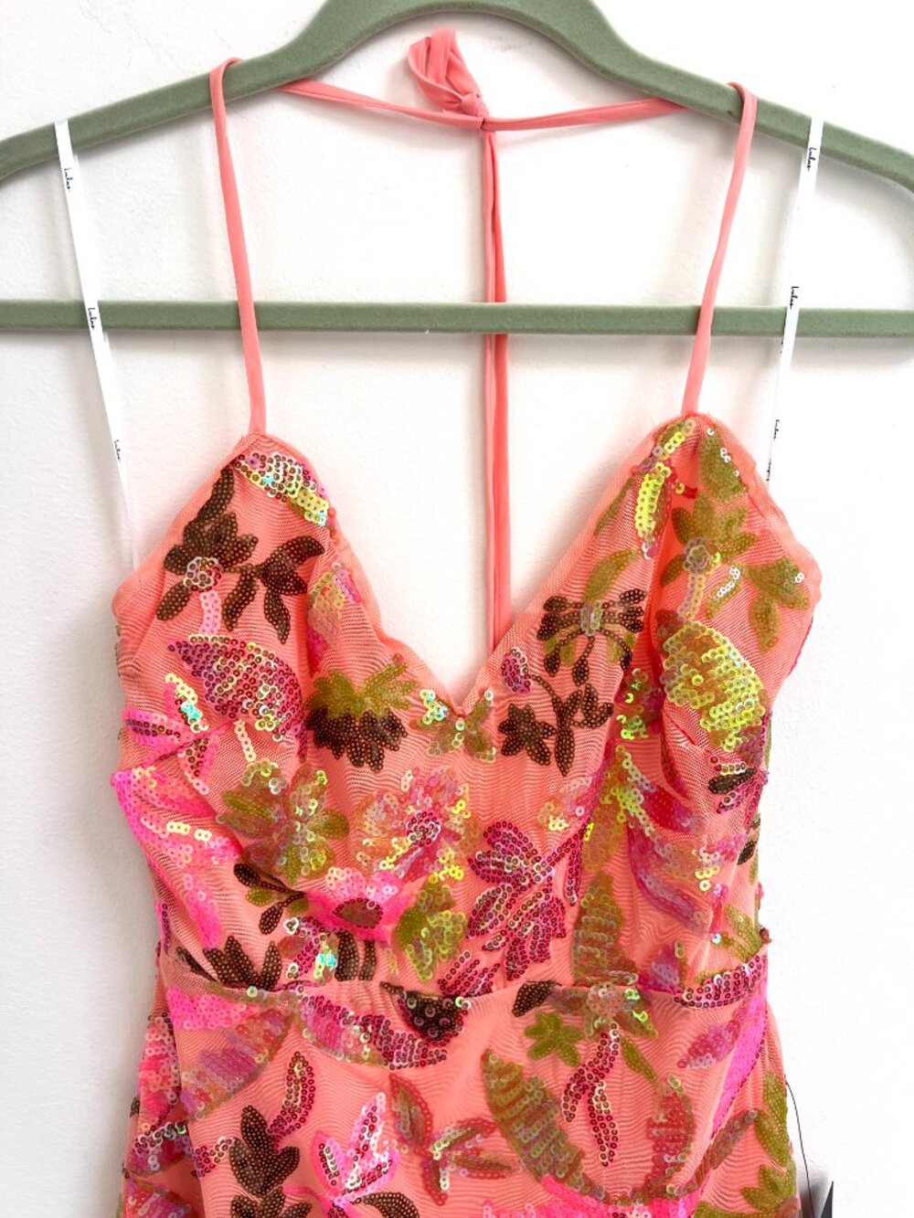Lulus Neon Coral Pink Iridescent Sequin Floral Halter Backless Mini Dress M NWT - Picture 4 of 12